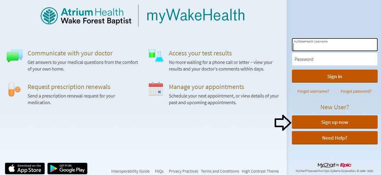 click on signup now on mywakehealth portal