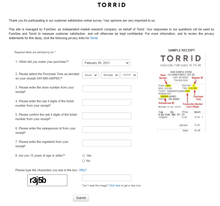 Receipt Code Torrid Survey