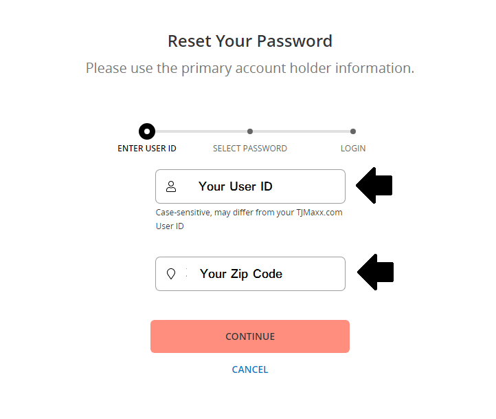Enter User Id and Zip Code to Reset TJ Maxx Credit Card Password