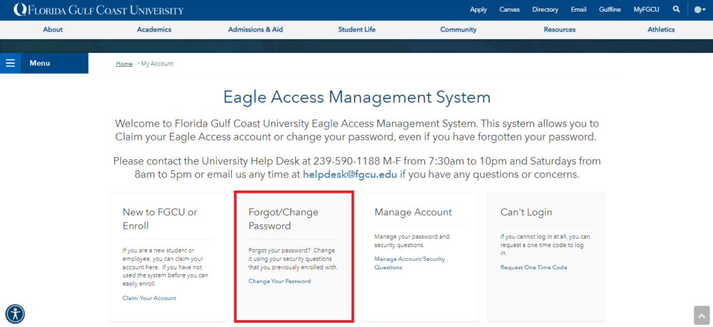 Click on Change Your Password in FGCU Password Reset Portal