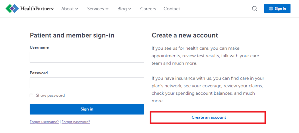 Click on Create an Account in Health Partners MyChart Login Page