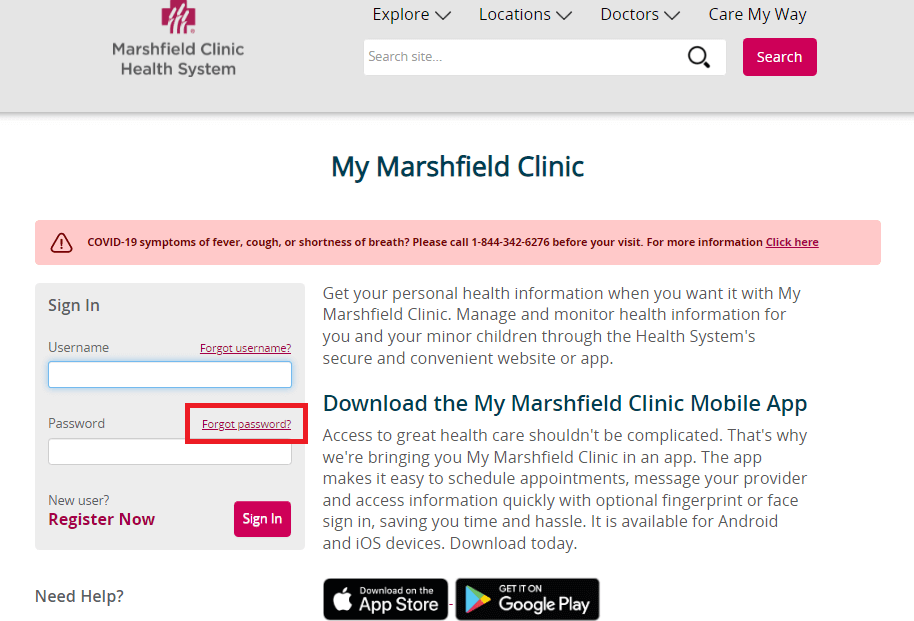 Click on Forgot Password in My Marshfield Clinic Login Page