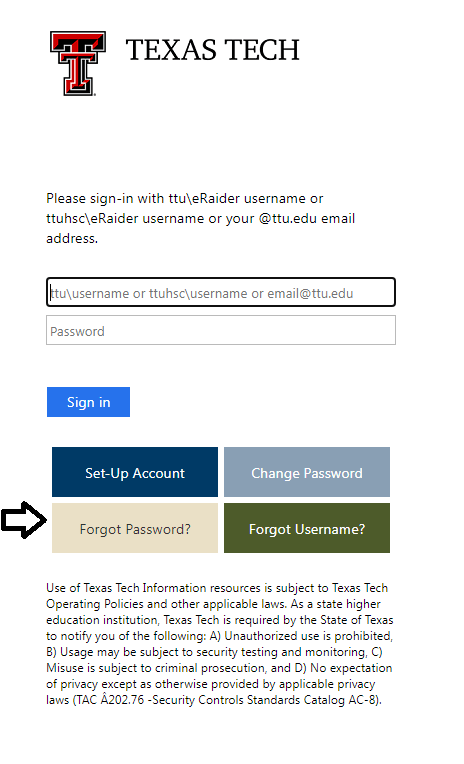 Click on Forgot Password in TTU Blackboard Login Page