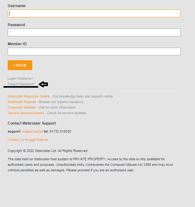 Click on Forgot Password in Webroster Login Page