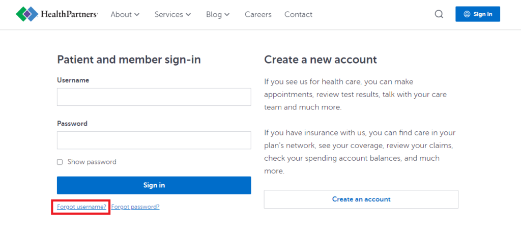 Click on Forgot Username in Health Partners MyChart Login Page