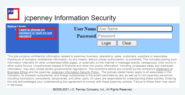 Click on I Forgot Password in JCPenney Associate Kiosk at Home Login Page