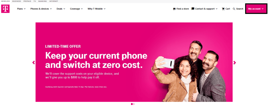 Click on My Account in T-Mobile Switch Carrier Website