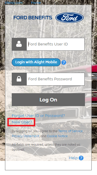 Click on New User in MyfordBenefits Login Page