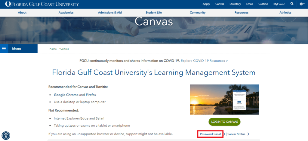 Click on Password Reset in FGCU Canvas Login Page