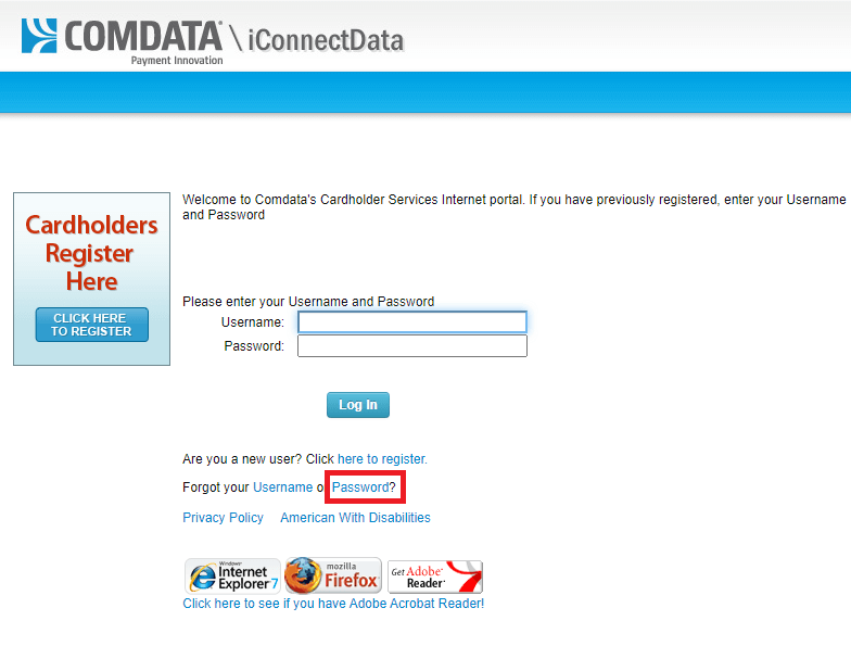 Click on Password in ComData Card Login Page