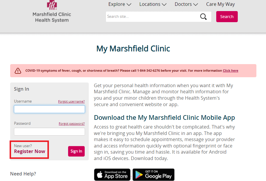 Click on Register Now on My Marshfield Clinic Portal