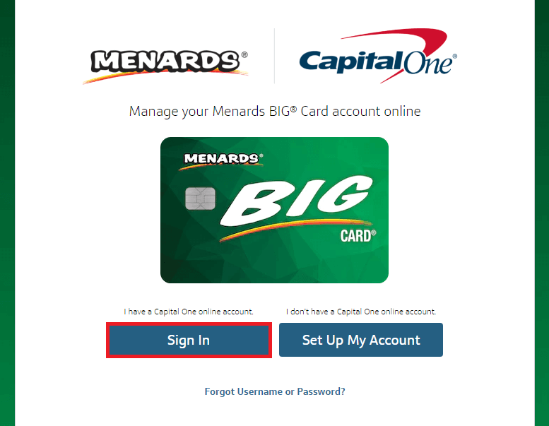 Click on Sign In in Menards Card Account Login Page
