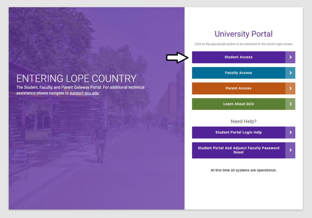 Click on Student Access in GCU Portal Login Page