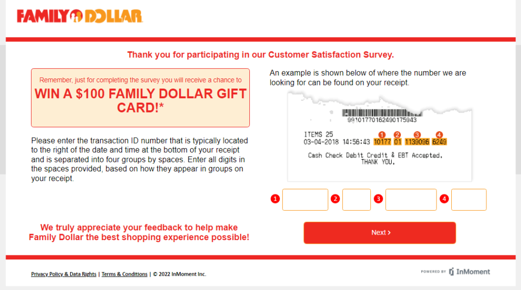Enter 16 to 19 Digit Number and Click on Next to Start Family Dollar Survey at www.Ratefd.com