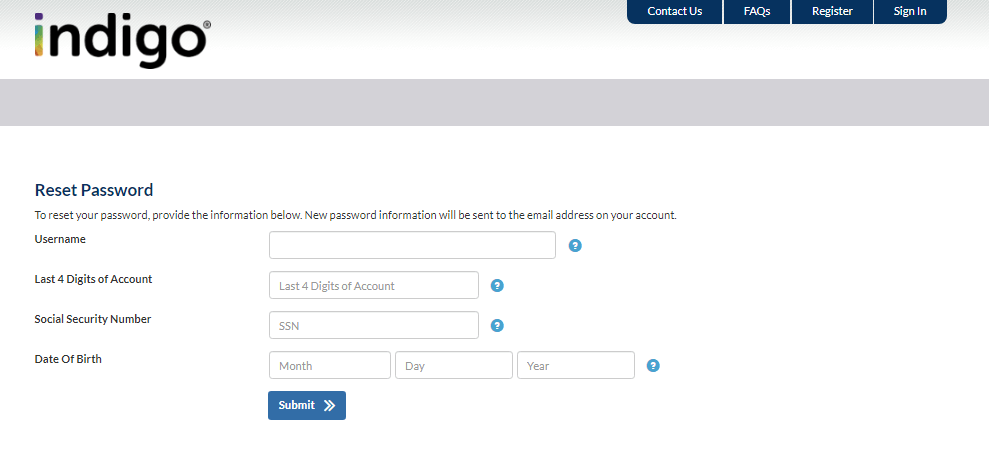 Enter Required Details and Clink on Submit to Reset MyIndigoCard Password