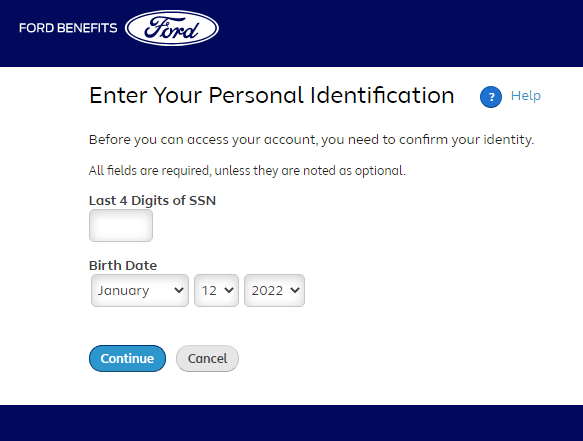 Enter Required Information and Click on Continue to Reset MyfordBenefits Password