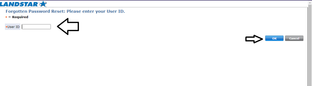 Enter User Id and Click on OK to Reset Landstaronline Login Password