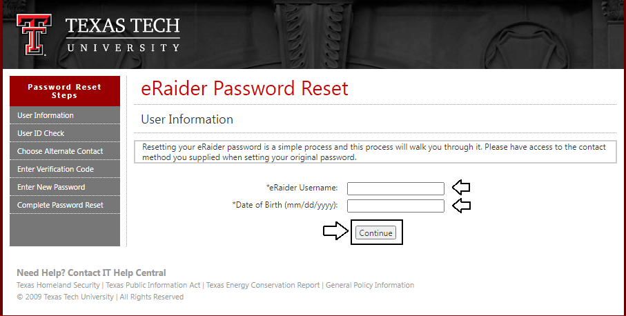 Enter Username and Birth Date and Then Click on Continue to Reset TTU Blackboard Password