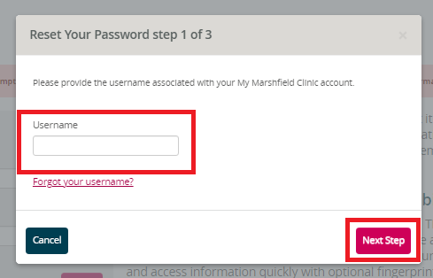 Enter Username and Click on Next Step and Follow Steps to Reset My Marshfield Clinic Password