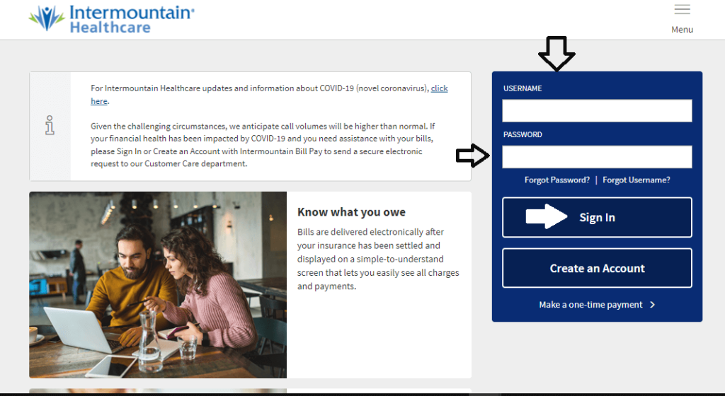 Enter Username and Password and Click on Sign In to Login to Intermountain Bill Pay Account