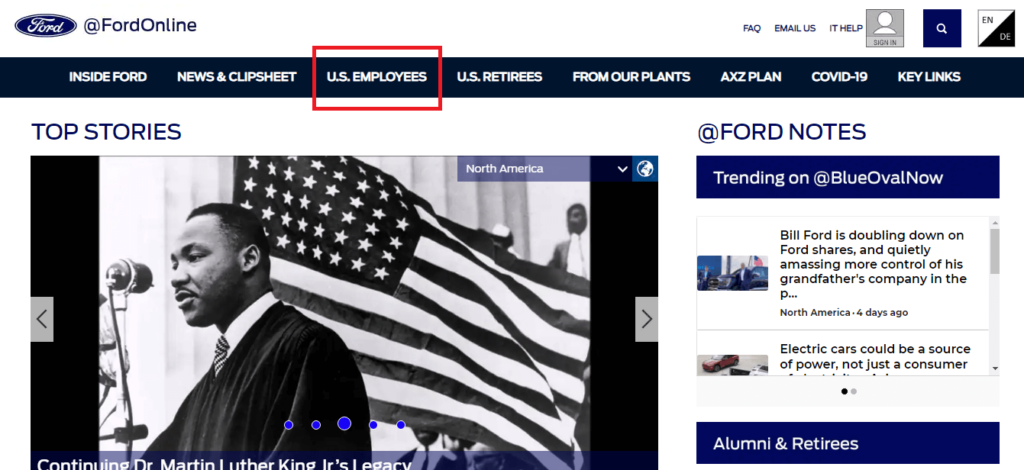 Open Ford HR Online Portal and Select U.S. Employees