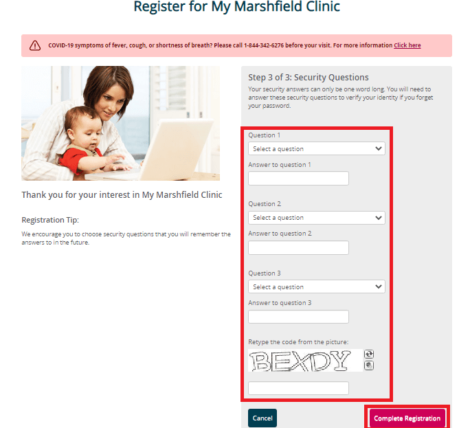 Select Security Question and Click on Complete Registration to Register at My Marshfield Clinic Portal