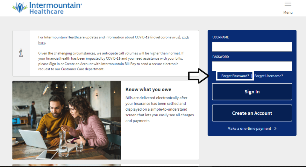 click on forgot password in intermountain bill pay login page