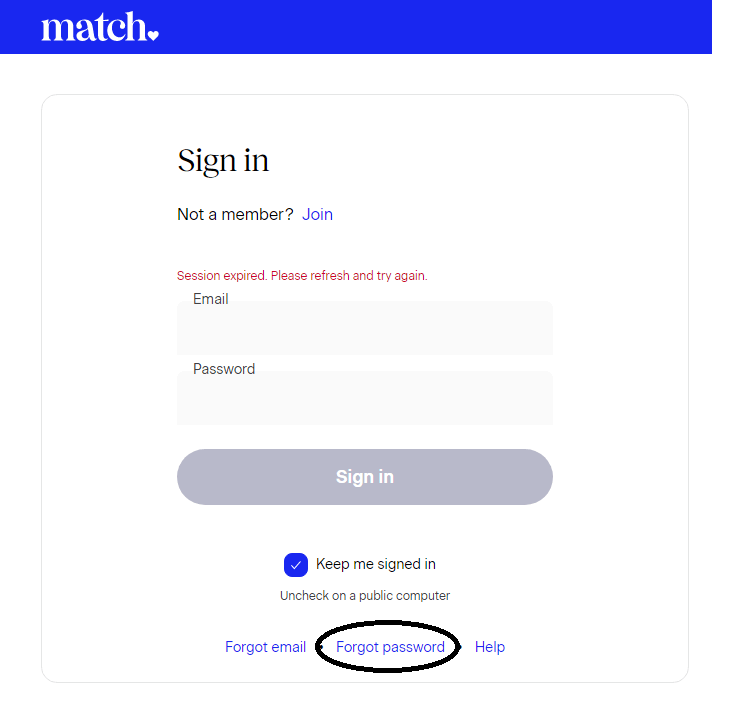 click on forgot password in match.com login page