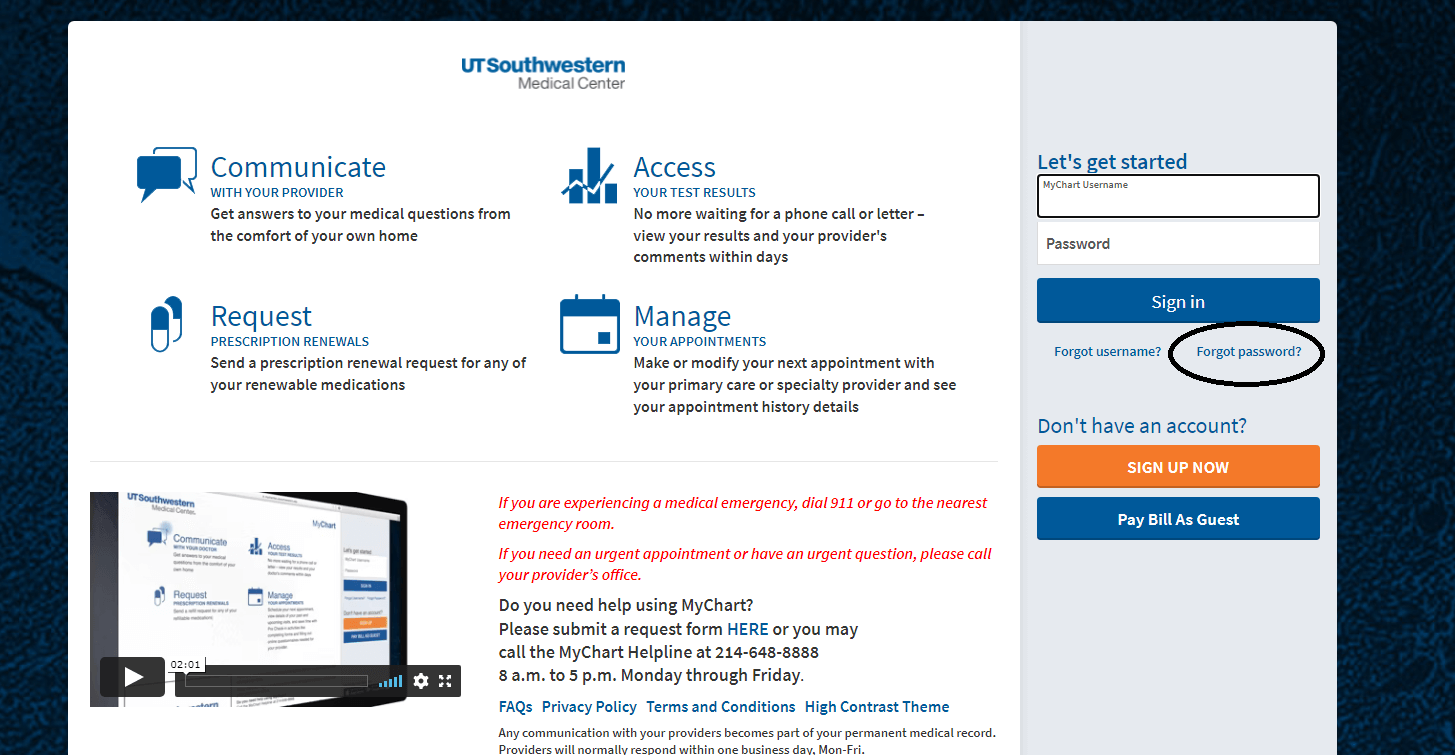 click on forgot password in mychart ut southwestern login page