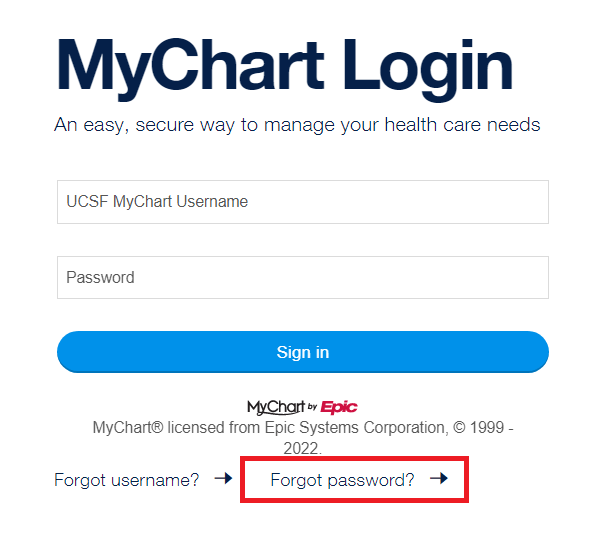 click on forgot password in ucsf mychart login page