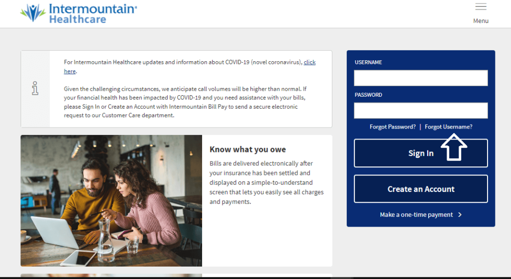 click on forgot username in intermountain bill pay login page
