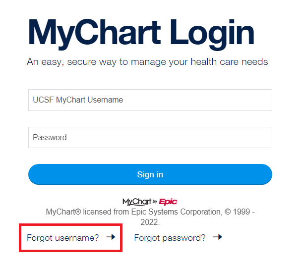 click on forgot username in mychart ucsf login page