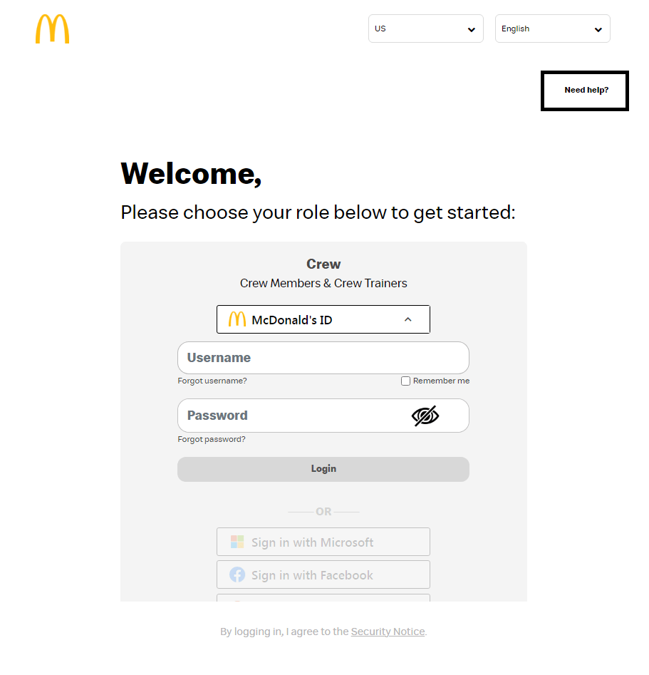 click on need help in mcdonalds id page