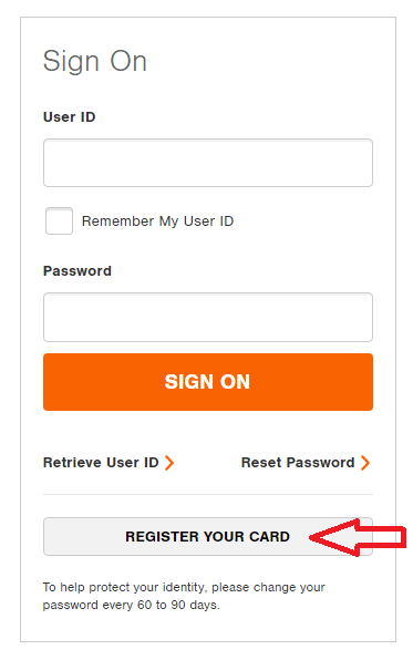 click on register your card in home depot card login page