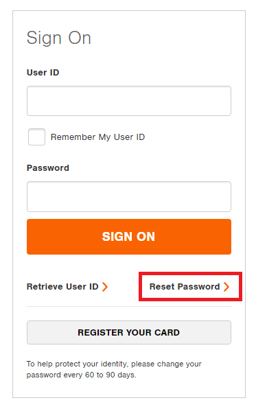 click on reset password in home depot card login page