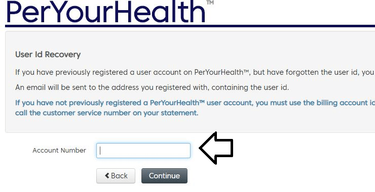 enter account number and click on next to reset registered user id in peryourhealth portal