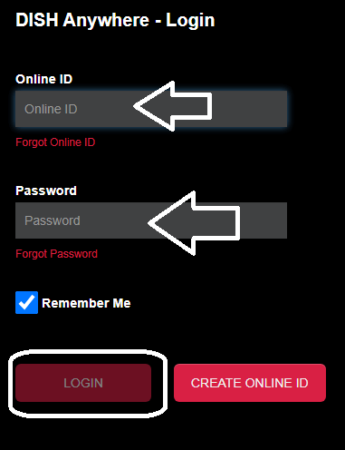 enter online id and password to login to dish anywhere