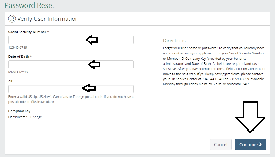 enter required details and click on continue to reset myhtspace login password