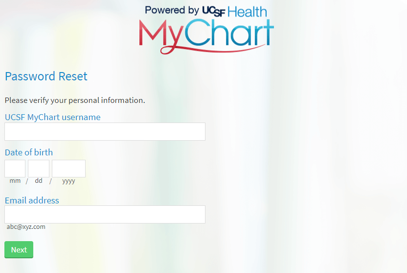 enter required details and click on next ro reset ucsf mychart login password