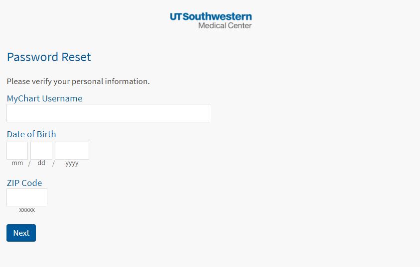 enter required details and click on next to reset mychart ut southwestern login password