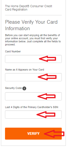 enter required details and click on verify to register home depo credit card