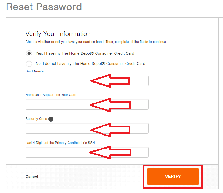 enter required details and click on verify to reset home depot credit card password