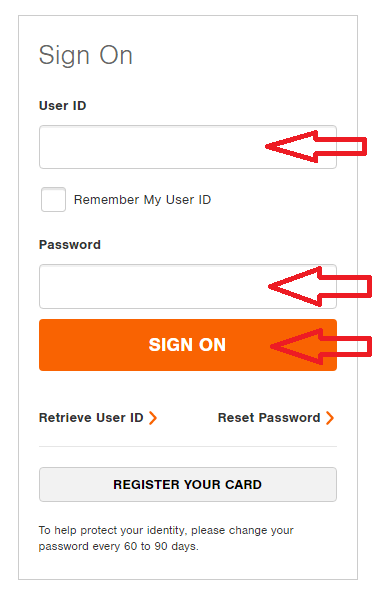 enter user id and password and click on sign on for home depot credit card login