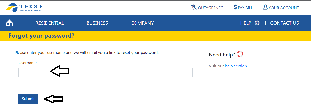 enter username and click on submit to reset teco account password
