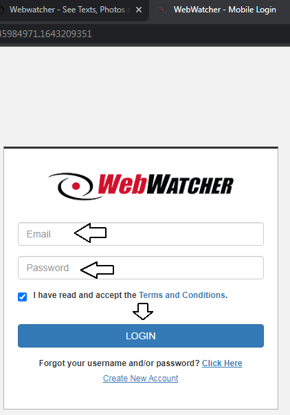 enter username and password and click on login to access webwatcher account on mobile
