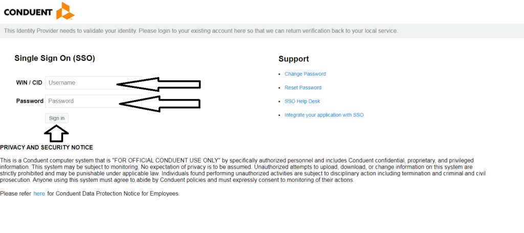 enter username and password to Login in conduent connect portal