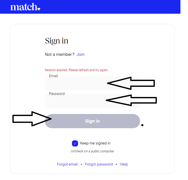 enter username and password to login in match.com website