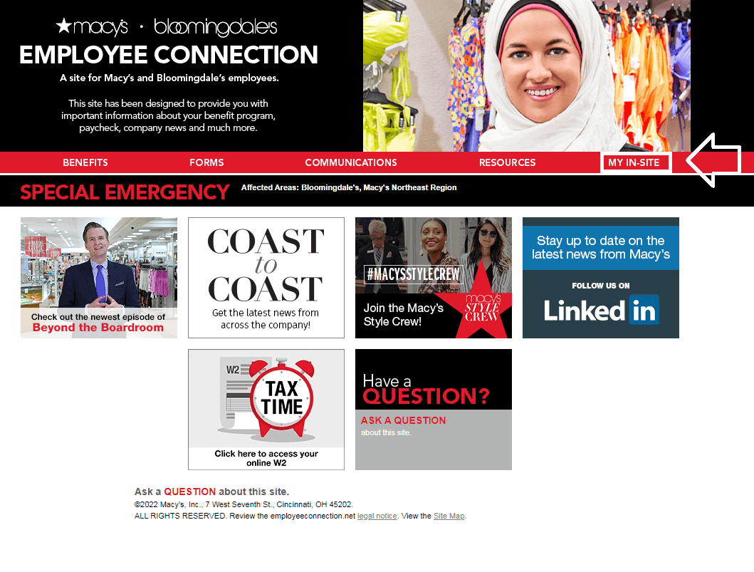 open macy employee connection website and click on my in-site