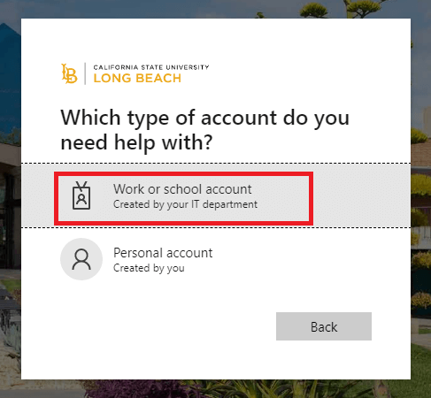 select work or school account option