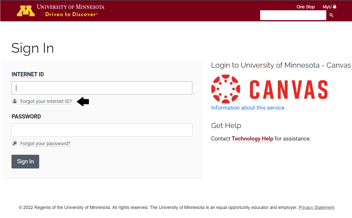 click on forgot internet id in umn portal